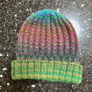 Dash design hand knit beanie in multi color acrylic